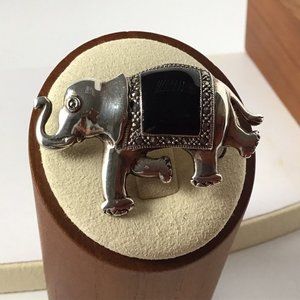 Vintage Elephant Pin Brooch Onyx Marcasite